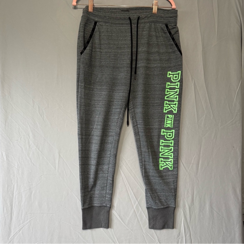 Pink by Victorias Secret Grey Joggers Size M Green Logo Comfy Lounge Athleisure